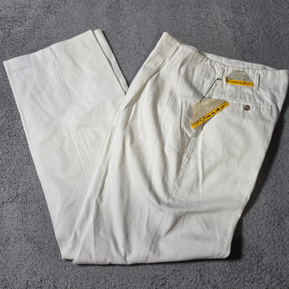 Planks Mens 36x34 Trousers White Vintage Made in USA Pleated Cotton Straight Leg